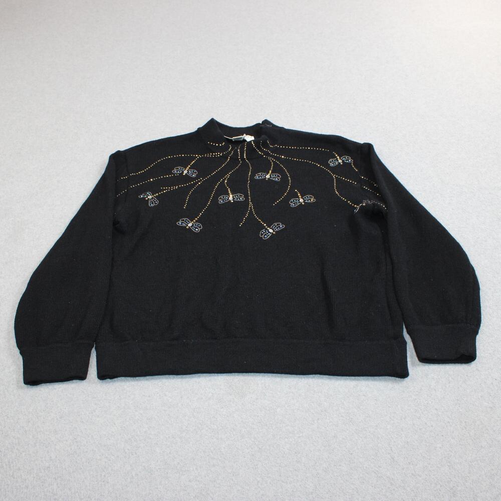 St John Evening Sweater Women Small Black Santa Knit Beaded Rhinestone Butterfly